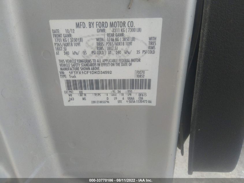 2013 FORD F-150 XL/STX/XLT/FX2/LARIAT 1FTFX1CF1DKD34592