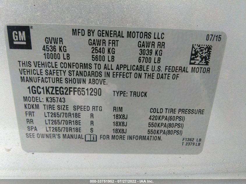 2015 CHEVROLET SILVERADO 3500HD LT 1GC1KZEG2FF651290