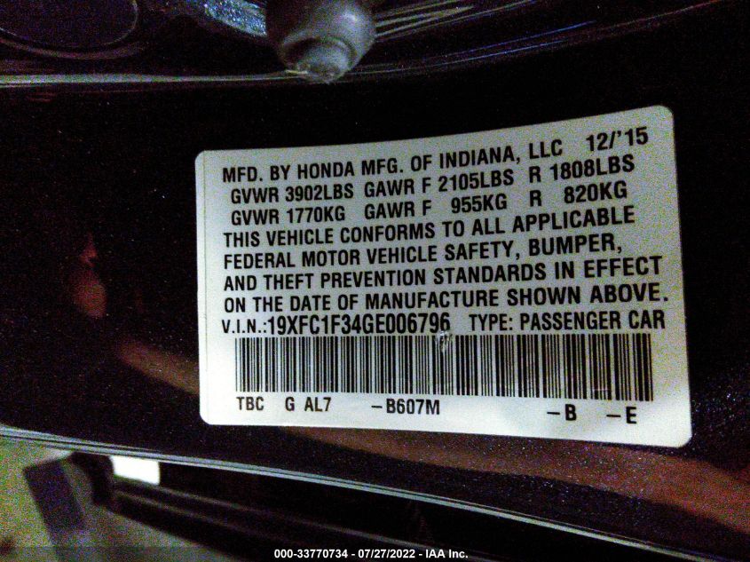 VIN 19XFC1F34GE006796 2016 HONDA CIVIC SEDAN no.9