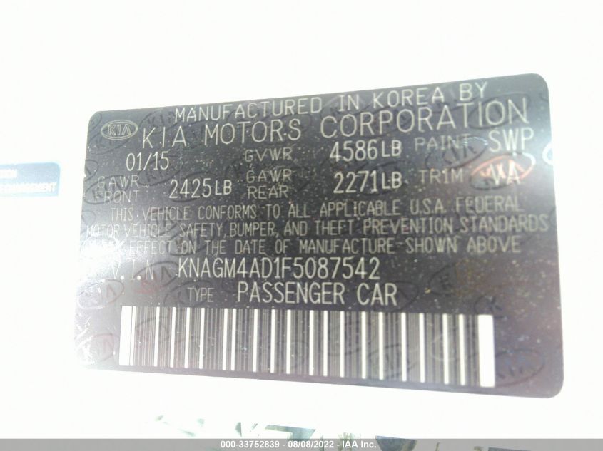 2015 KIA OPTIMA HYBRID KNAGM4AD1F5087542