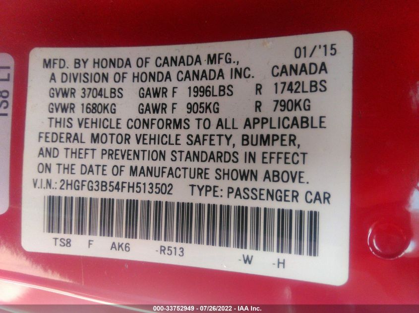2015 HONDA CIVIC COUPE LX 2HGFG3B54FH513502