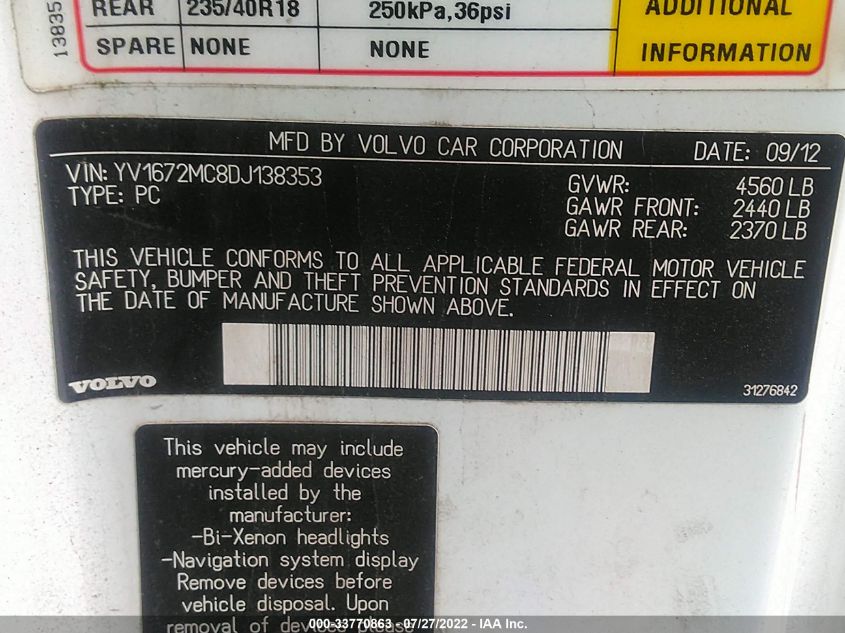2013 VOLVO C70 T5 YV1672MC8DJ138353