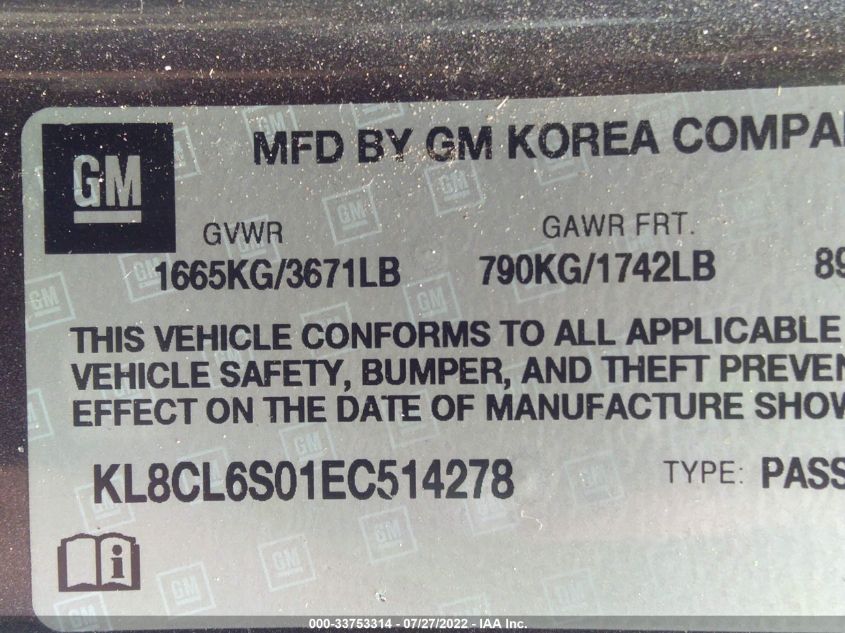 2014 CHEVROLET SPARK EV LT KL8CL6S01EC514278