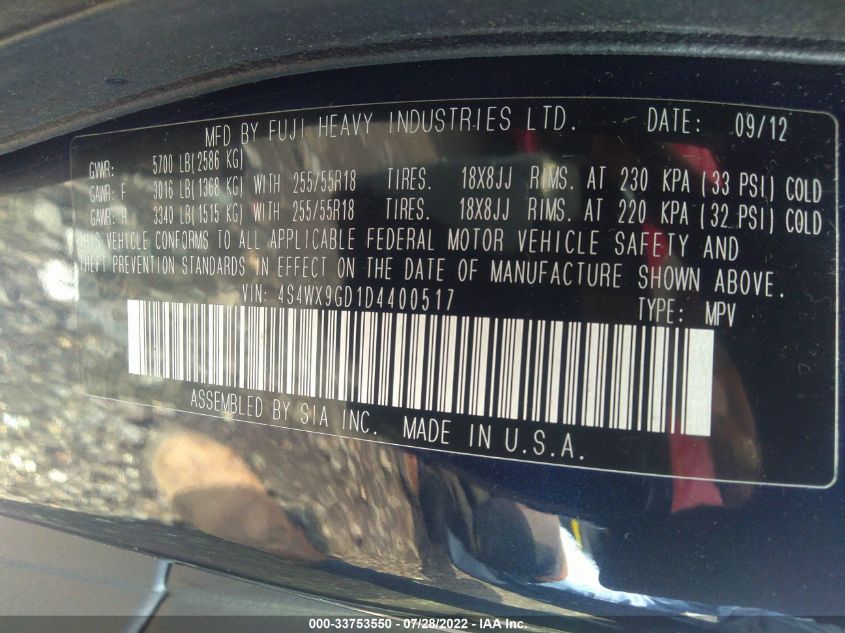 2013 SUBARU TRIBECA LIMITED 4S4WX9GD1D4400517