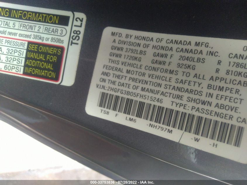 2015 HONDA CIVIC COUPE EX-L 2HGFG3B05FH515246