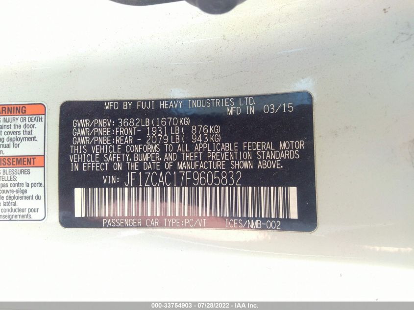 2015 SUBARU BRZ 2.0 LIMITED/BLUE.SERIES JF1ZCAC17F9605832