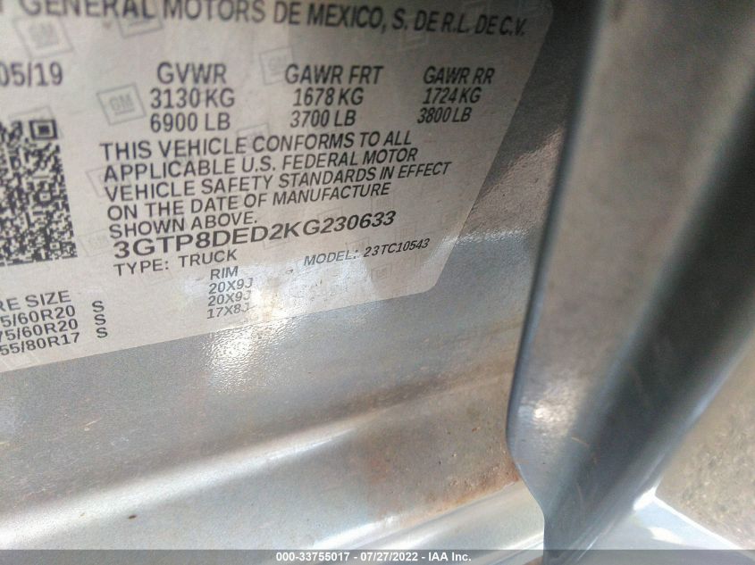 2019 GMC SIERRA C1500 SLT 3GTP8DED2KG230633