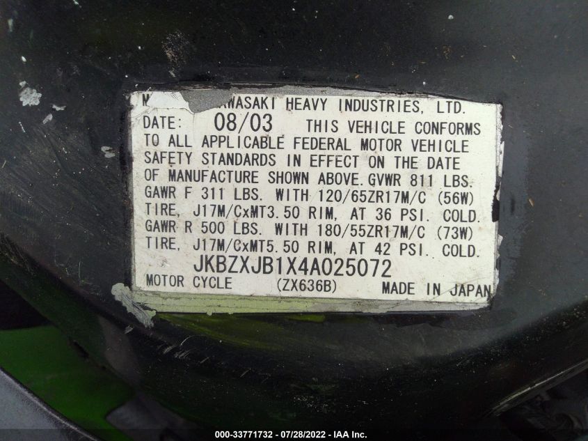 2004 KAWASAKI ZX636 B1 JKBZXJB1X4A025072
