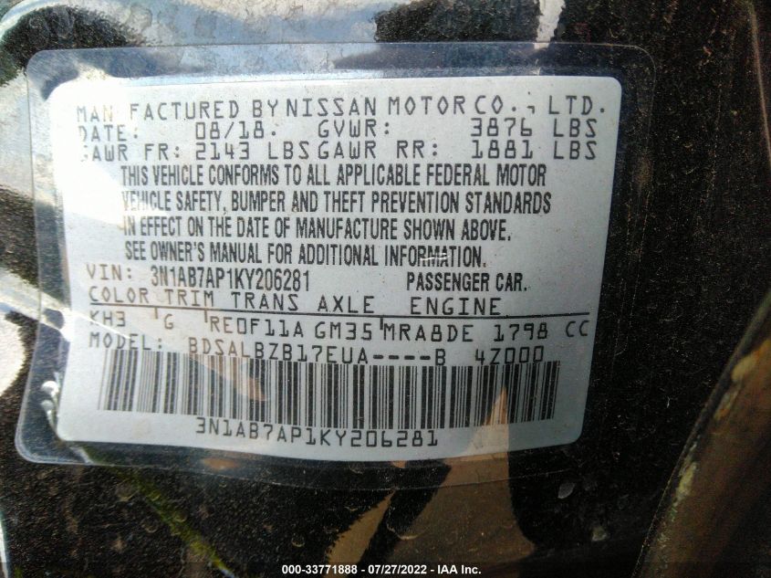 3N1AB7AP1KY206281 Nissan Sentra S 9