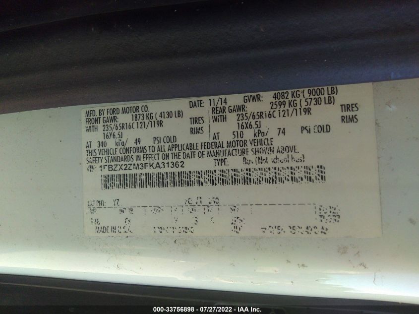 2015 FORD TRANSIT WAGON XLT 1FBZX2ZM3FKA31362