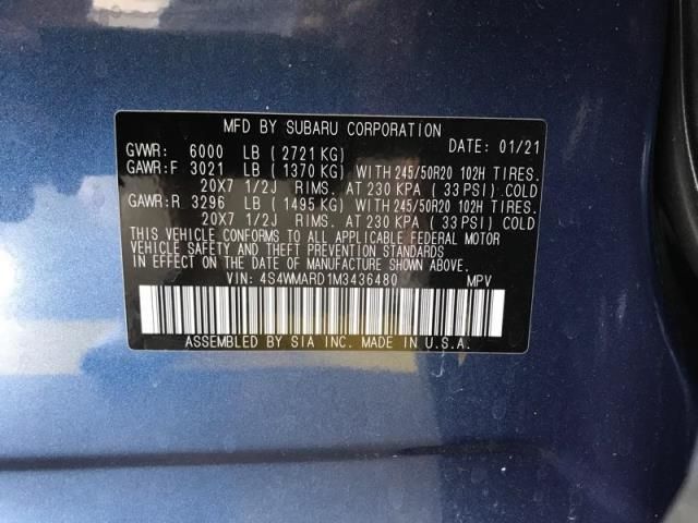 2021 SUBARU ASCENT TOURING 4S4WMARD1M3436480