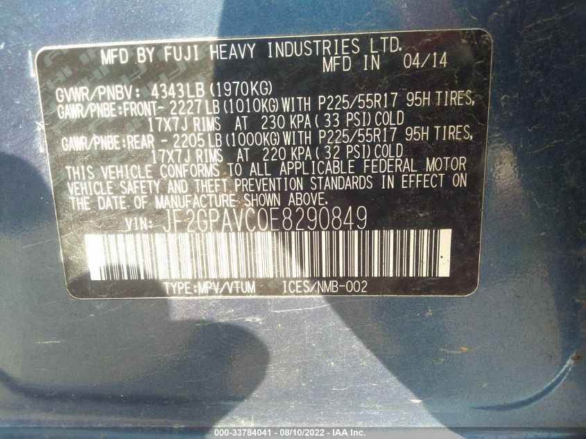 2014 SUBARU XV CROSSTREK PREMIUM JF2GPAVC0E8290849
