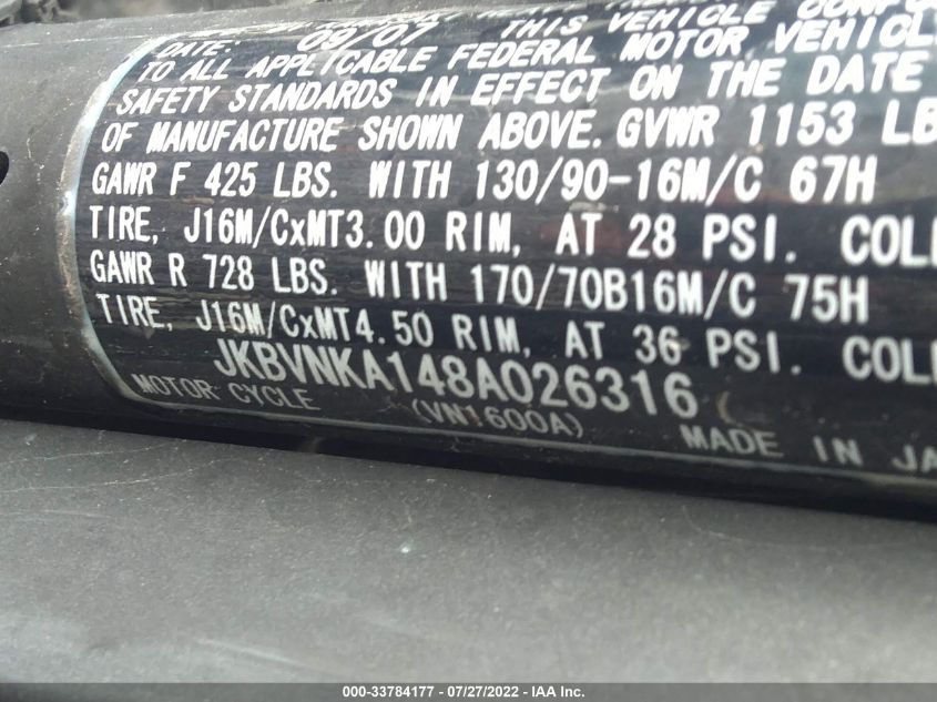 2008 KAWASAKI VN1600 A1 JKBVNKA148A026316