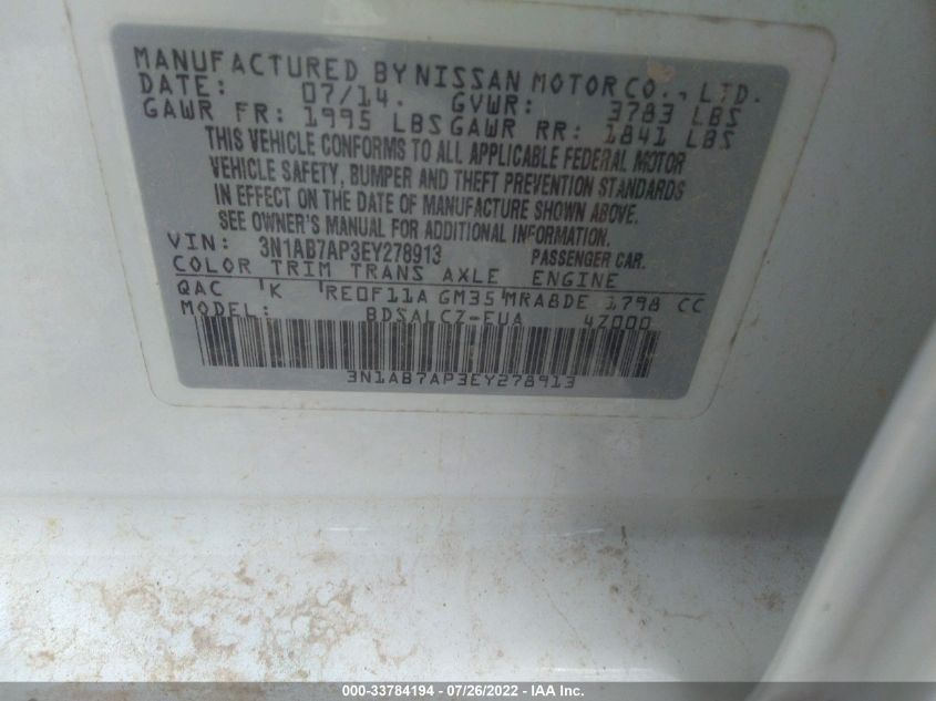 2014 NISSAN SENTRA S 3N1AB7AP3EY278913
