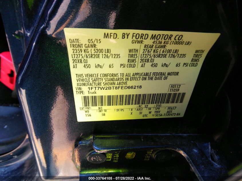 2015 FORD F250 SUPER DUTY 1FT7W2BT8FED66218