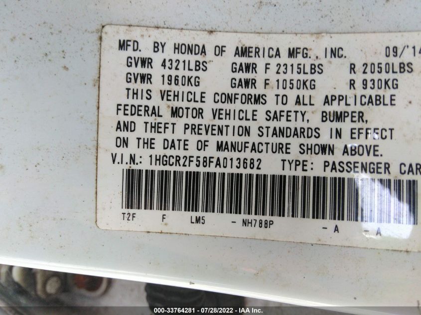 2015 HONDA ACCORD SPORT 1HGCR2F58FA013682