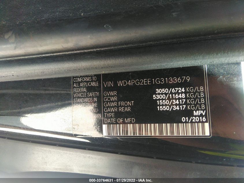 2016 MERCEDES-BENZ METRIS PASSENGER VAN WD4PG2EE1G3133679
