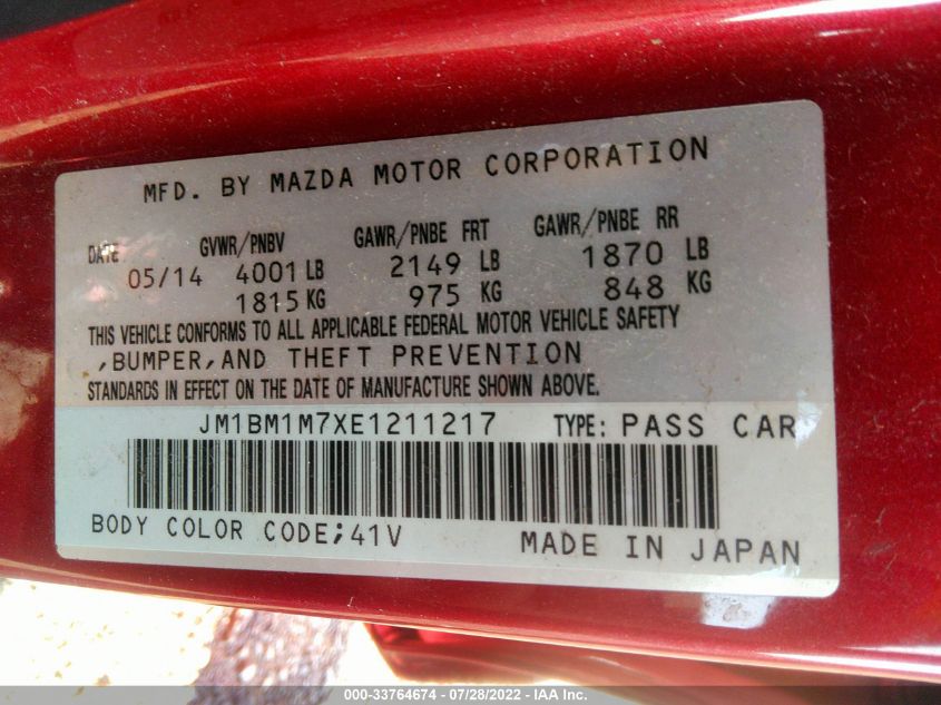 2014 MAZDA 3 GRAND TOURING JM1BM1M7XE1211217