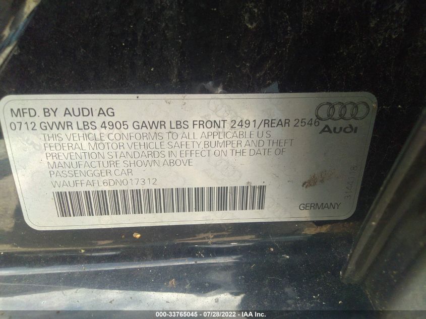 2013 AUDI A4 PREMIUM PLUS WAUFFAFL6DN017312