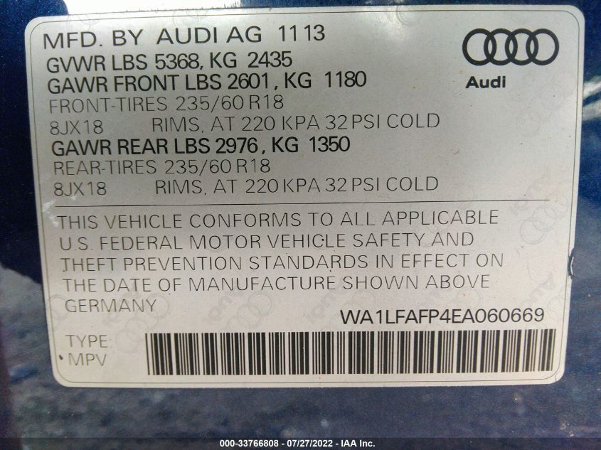2014 AUDI Q5 PREMIUM PLUS WA1LFAFP4EA060669