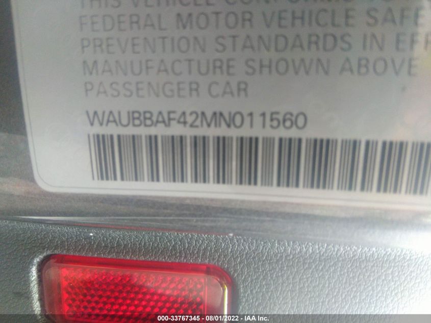 2021 AUDI A4 SEDAN PREMIUM PLUS WAUBBAF42MN011560
