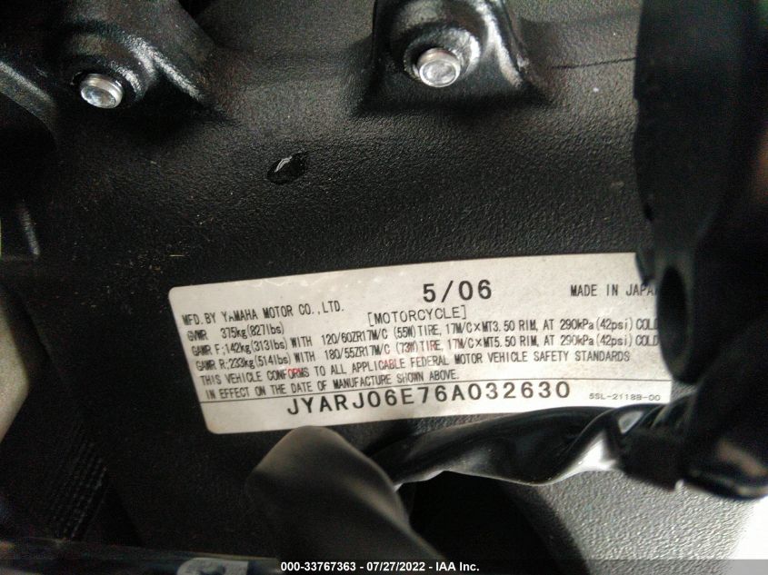 2006 YAMAHA YZFR6 L JYARJ06E76A032630