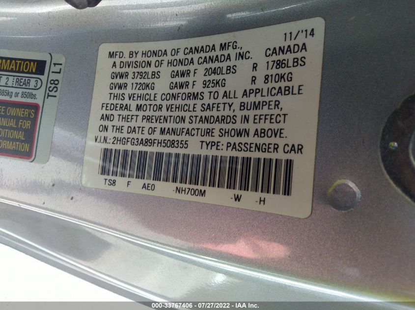 2015 HONDA CIVIC COUPE EX 2HGFG3A89FH508355