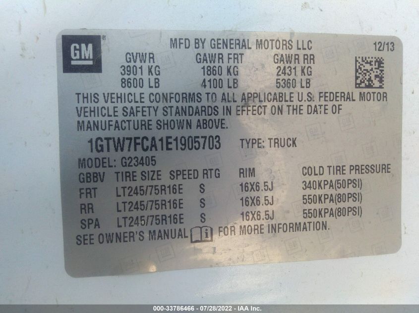 2014 GMC SAVANA CARGO VAN 1GTW7FCA1E1905703