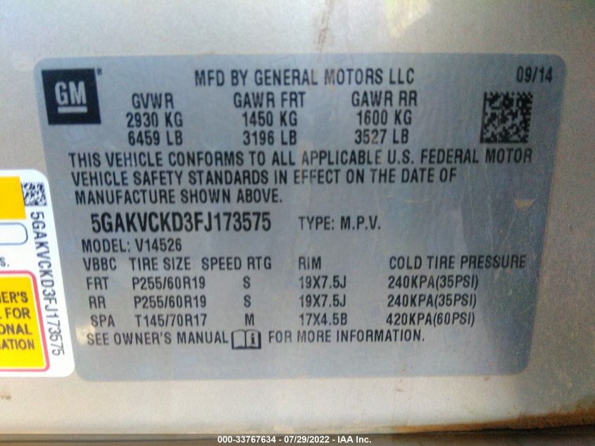 2015 BUICK ENCLAVE PREMIUM 5GAKVCKD3FJ173575