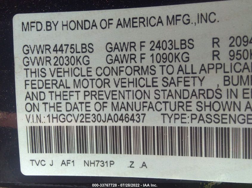 2018 HONDA ACCORD SPORT 1HGCV2E30JA046437