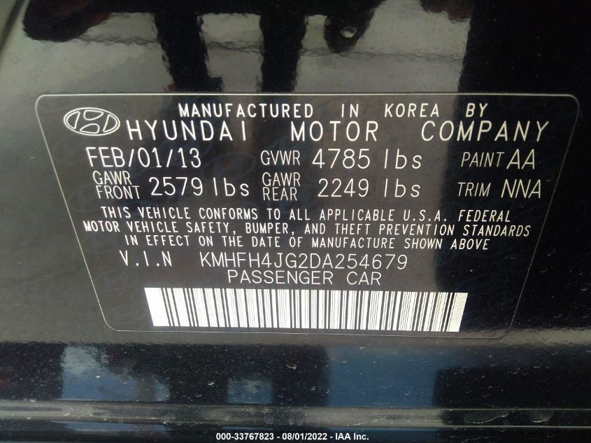 2013 HYUNDAI AZERA KMHFH4JG2DA254679