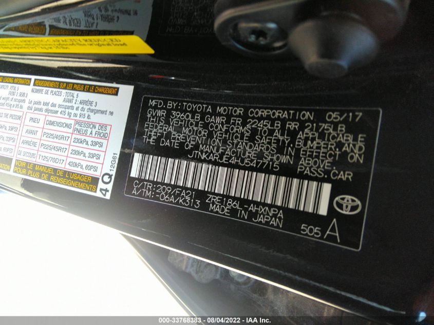 2017 TOYOTA COROLLA IM JTNKARJE4HJ547715