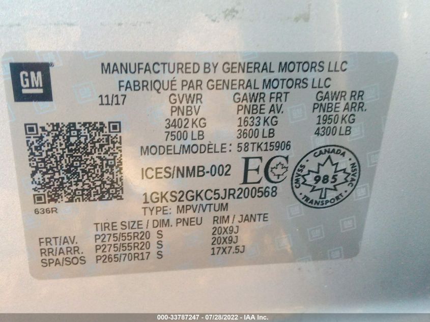 2018 GMC YUKON XL SLT 1GKS2GKC5JR200568