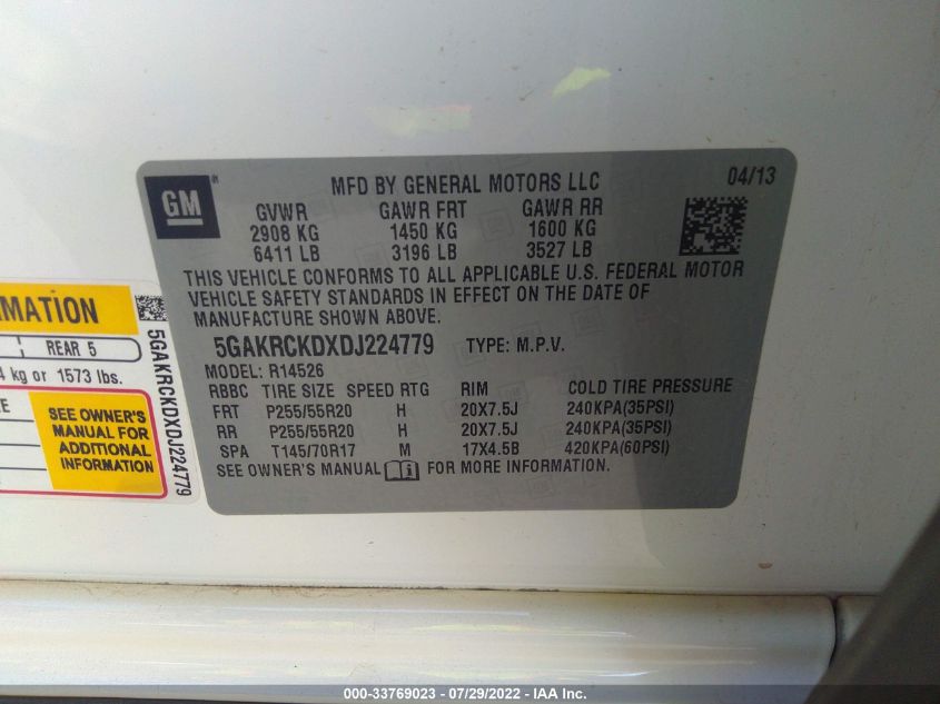 2013 BUICK ENCLAVE LEATHER 5GAKRCKDXDJ224779