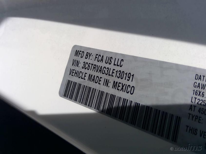 2020 RAM PROMASTER CARGO VAN 3C6TRVAG3LE130191