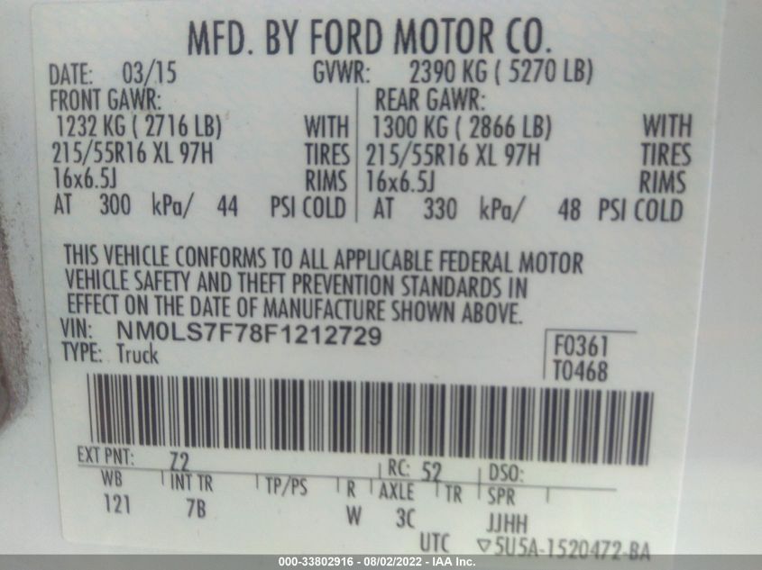 2015 FORD TRANSIT CONNECT XLT NM0LS7F78F1212729