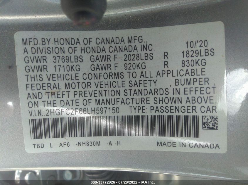 2HGFC2F66LH597150 | 2020 HONDA CIVIC