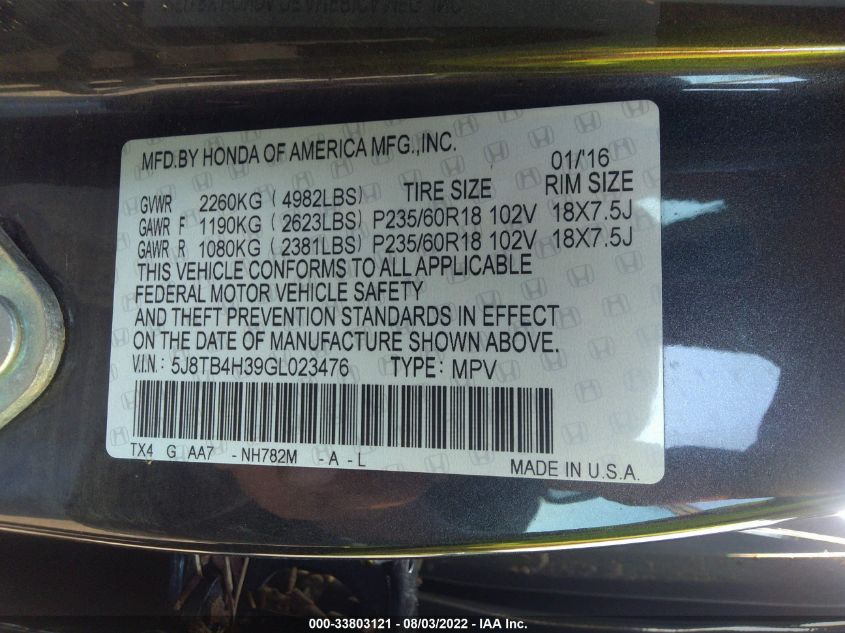 2016 ACURA RDX 5J8TB4H39GL023476