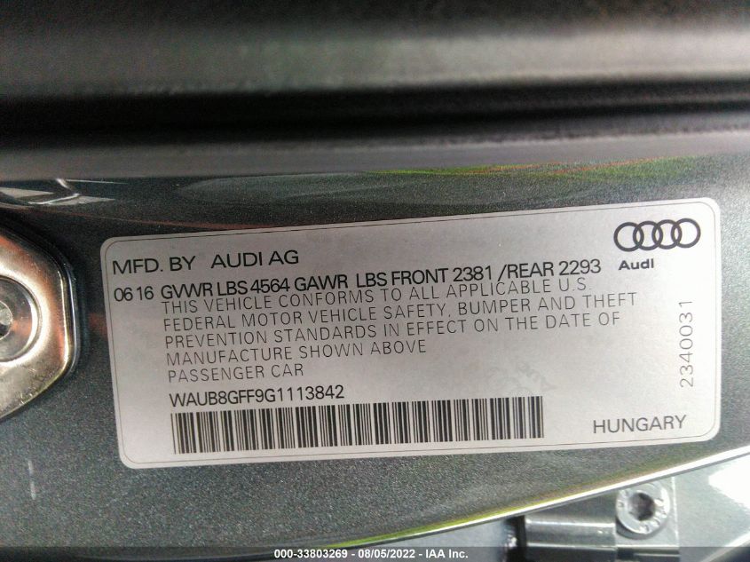 VIN WAUB8GFF9G1113842 2016 AUDI A3 no.9