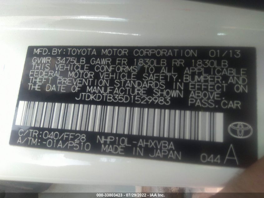 2013 TOYOTA PRIUS C ONE/TWO/THREE/FOUR JTDKDTB35D1529983