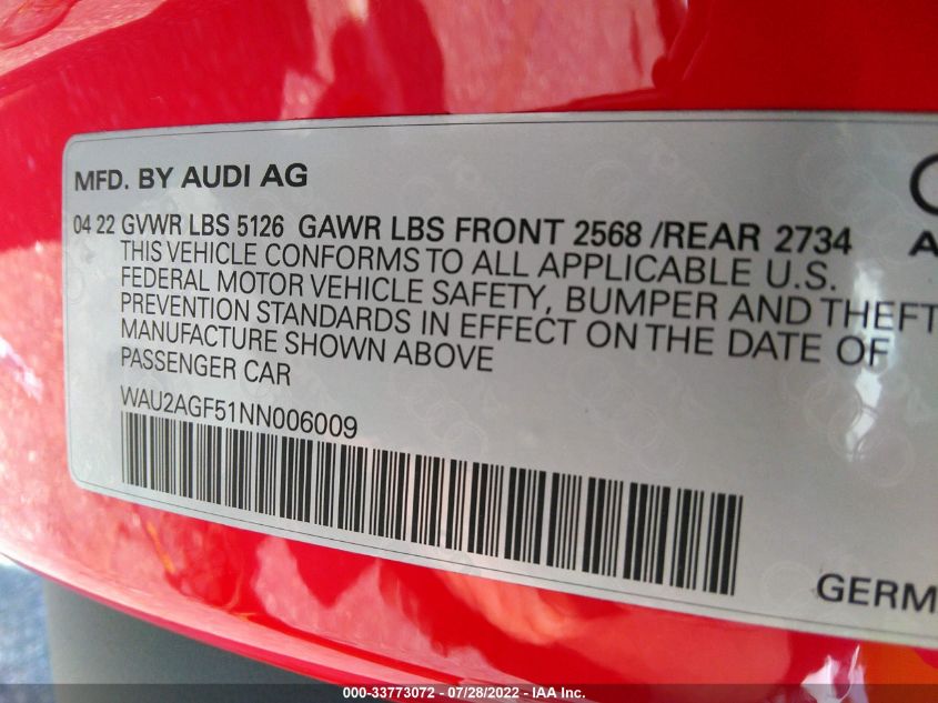2022 AUDI A5 CABRIOLET PREMIUM WAU2AGF51NN006009