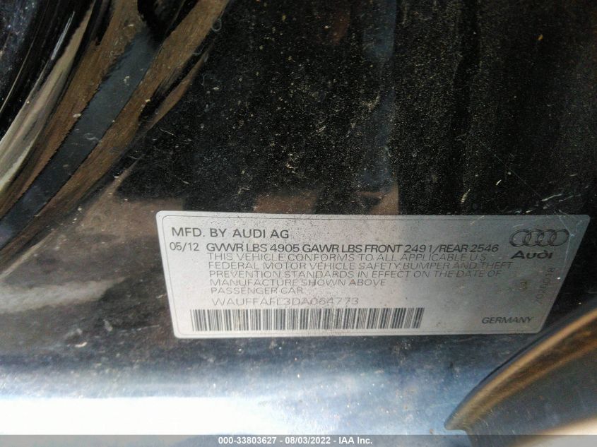 2013 AUDI A4 PREMIUM PLUS WAUFFAFL3DA064773