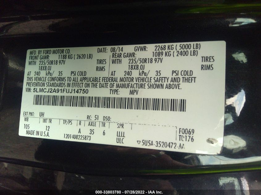 2015 LINCOLN MKC 5LMCJ2A91FUJ14750