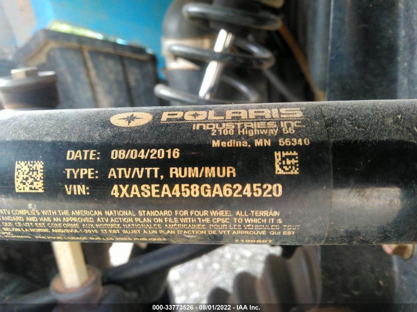 2016 POLARIS SPORTSMAN 450 H.O. 4XASEA458GA624520