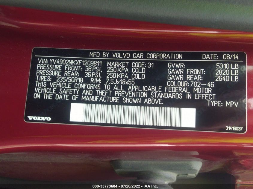 2015 VOLVO XC70 T6 YV4902NKXF1209811