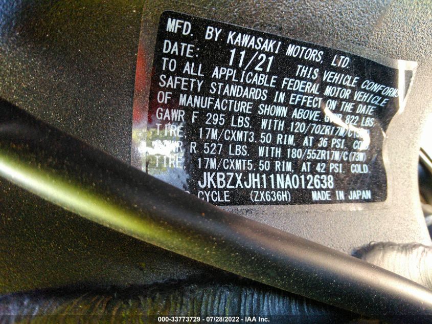 2022 KAWASAKI ZX636 K JKBZXJH11NA012638