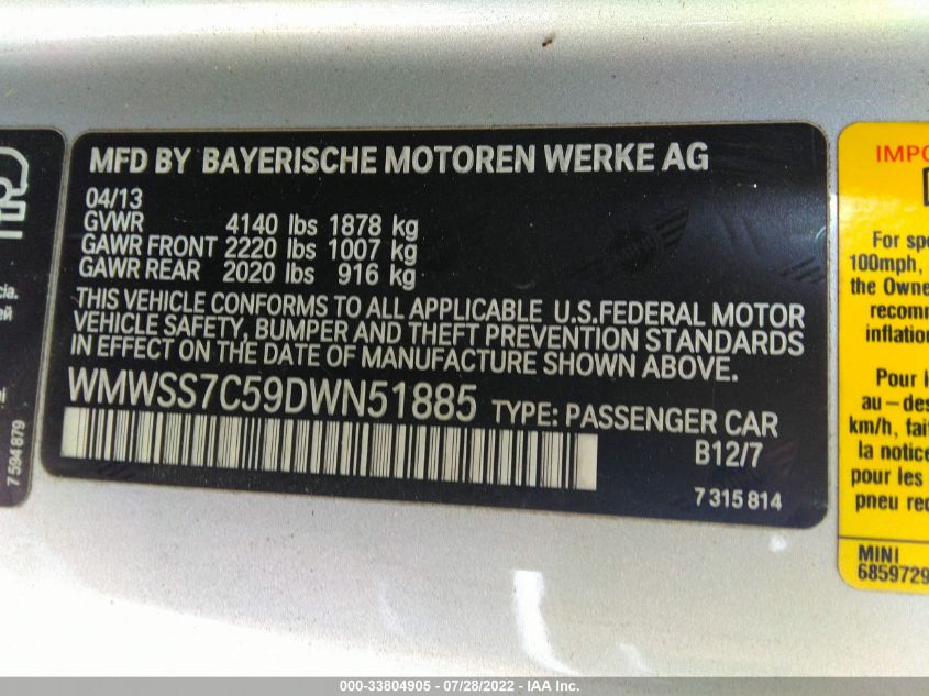 2013 MINI COOPER PACEMAN S ALL4 WMWSS7C59DWN51885