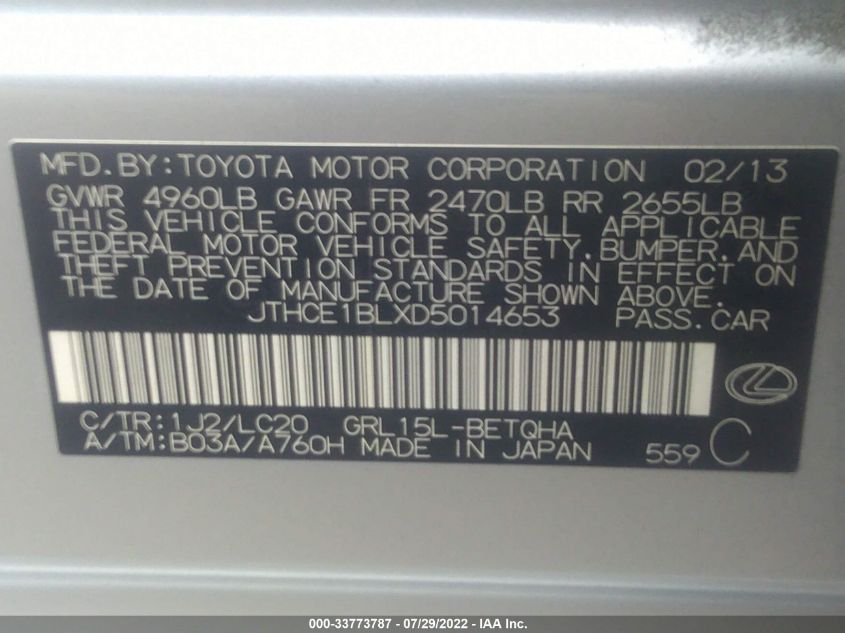 2013 LEXUS GS 350 JTHCE1BLXD5014653