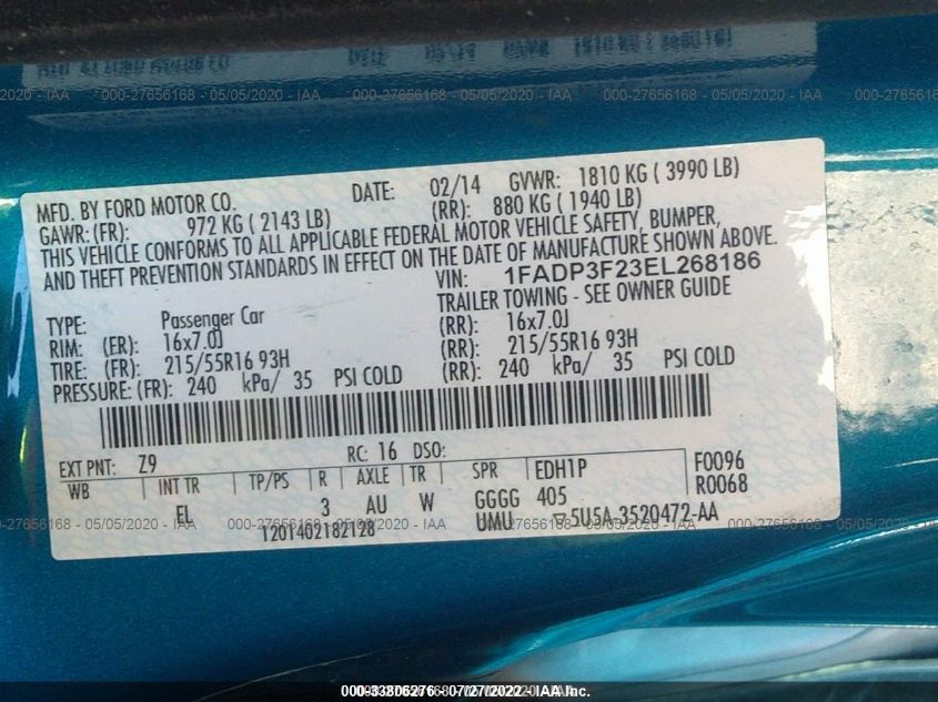 2014 FORD FOCUS SE 1FADP3F23EL268186