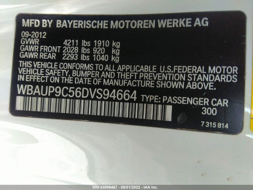 2013 BMW 1 SERIES 128I WBAUP9C56DVS94664